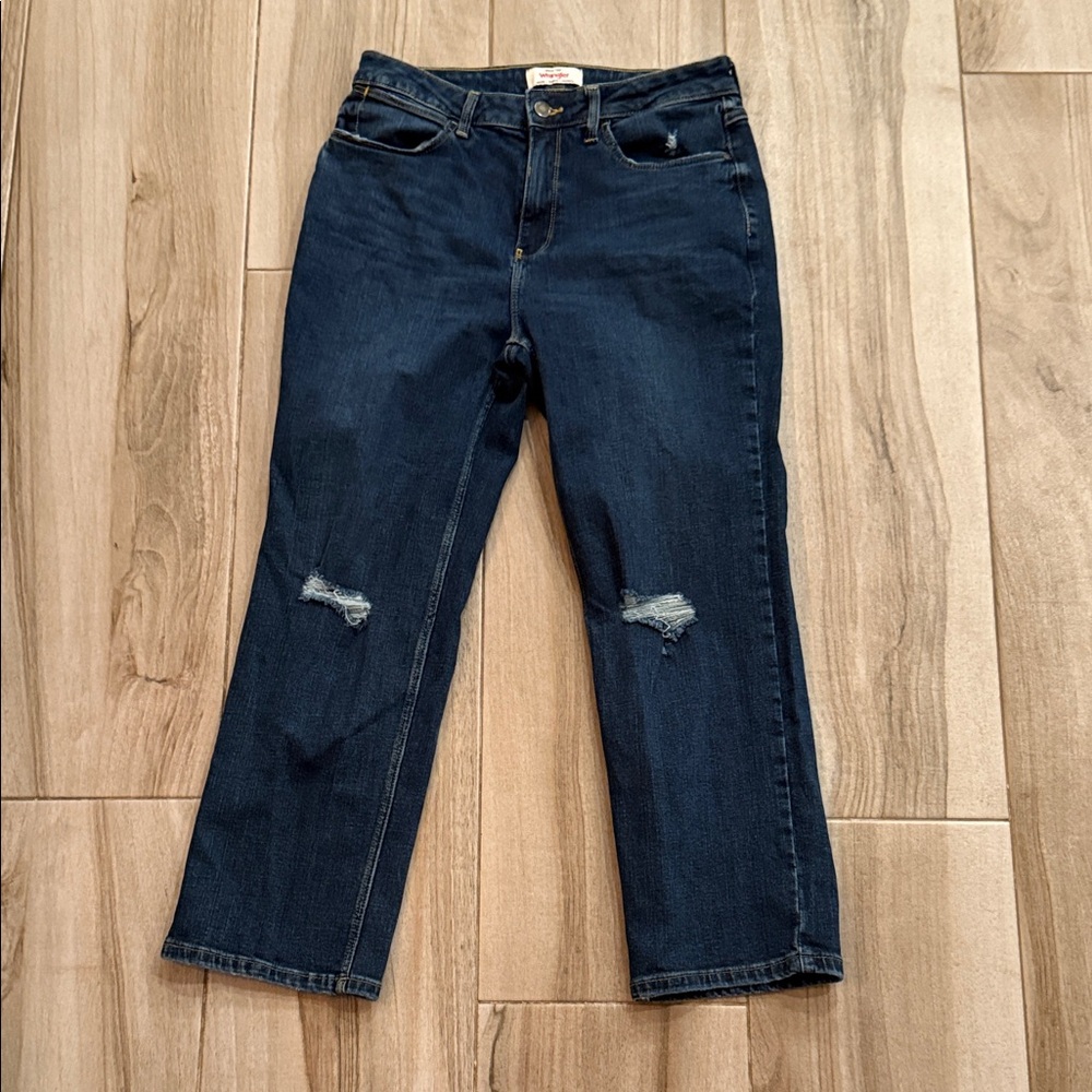 Wrangler Women's Dark Blue Distressed Jeans high rise straight crop sz 8
